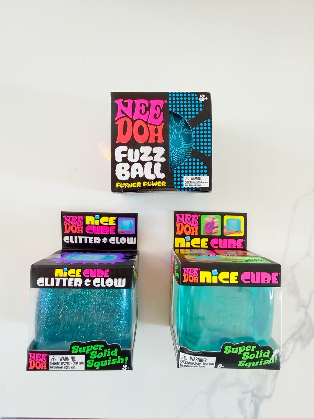 Rare Blue NeeDoh Bundle of 3 Fuzz Ball & Nice Cube & Glitter Glow Cube NEW